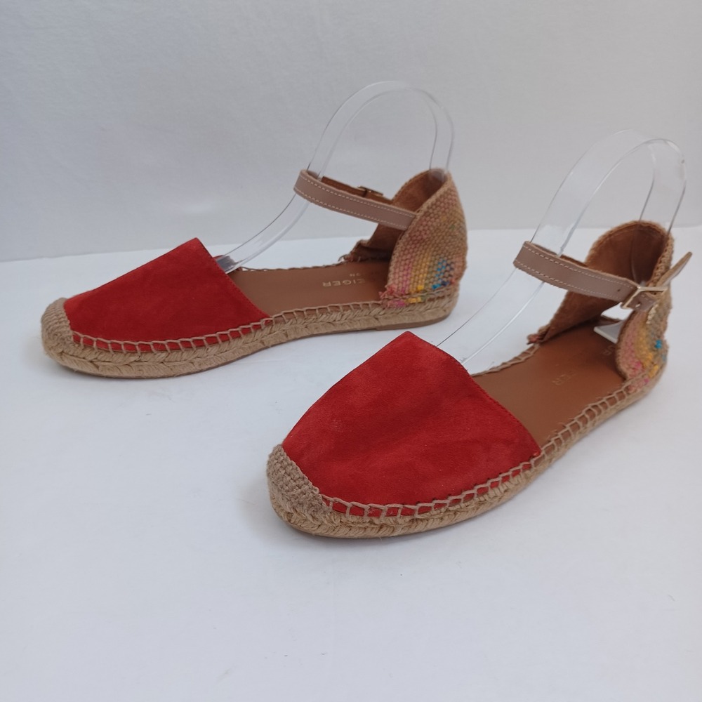 Kurt Geiger London Red Suede Espadrille Flats Ankle Strap Multi Woven Heel US 9 - Picture 7 of 14